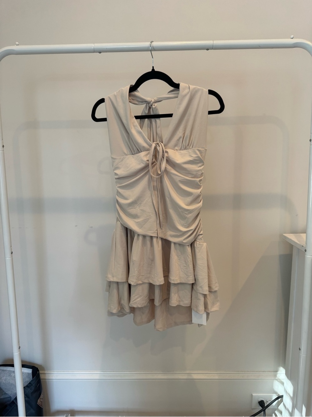 Tie-Front Ruching Tiered Mini Dress in Cream